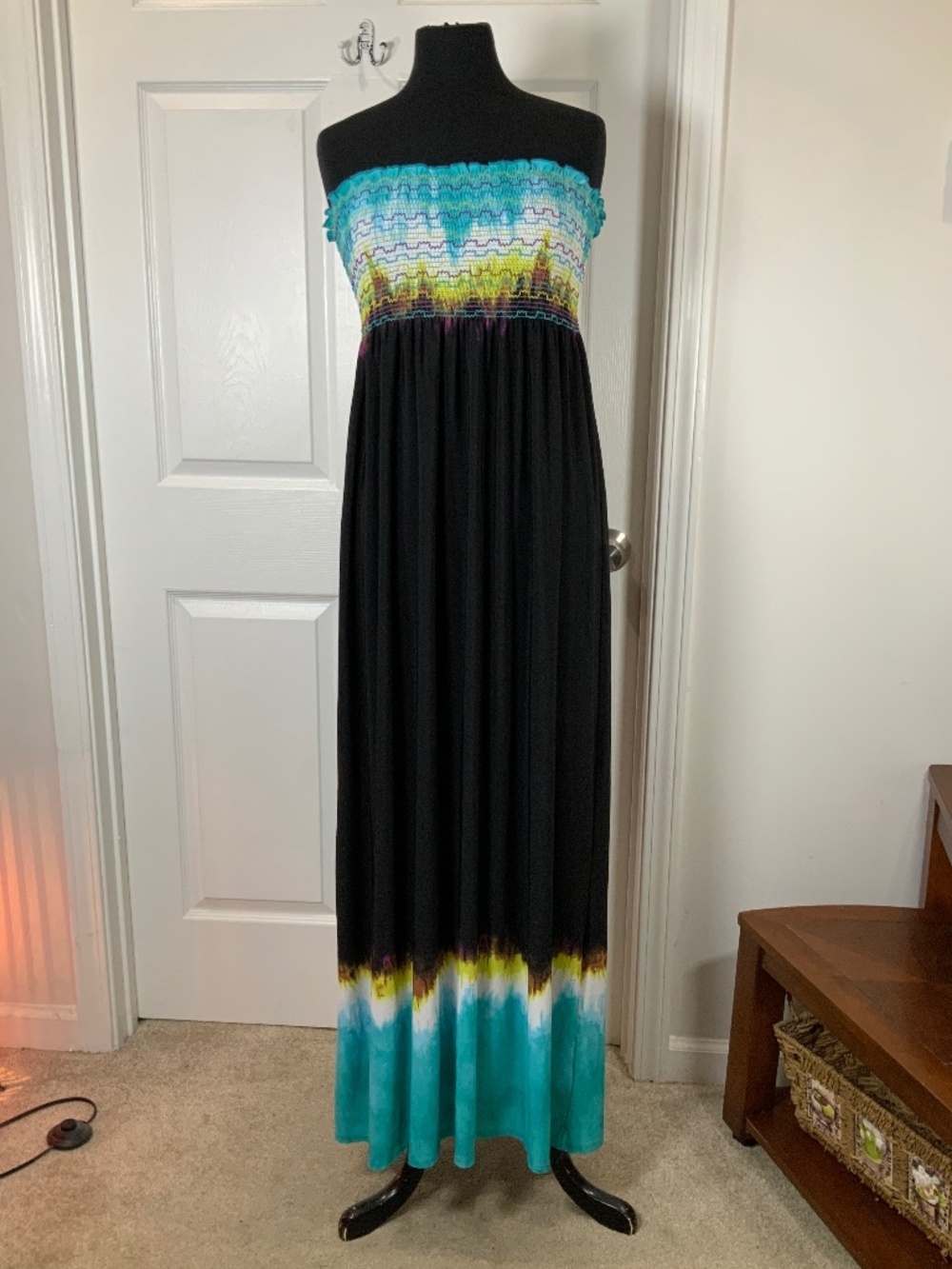 Tie Dye Smocked Tube Top Strapless Black Green Boho Maxi Dress Size 12